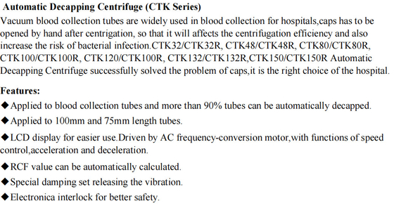 Centrifugadora de poca velocidad CTK80R 4000r/min del descapsulado automático para el laboratorio de la clínica del hospital