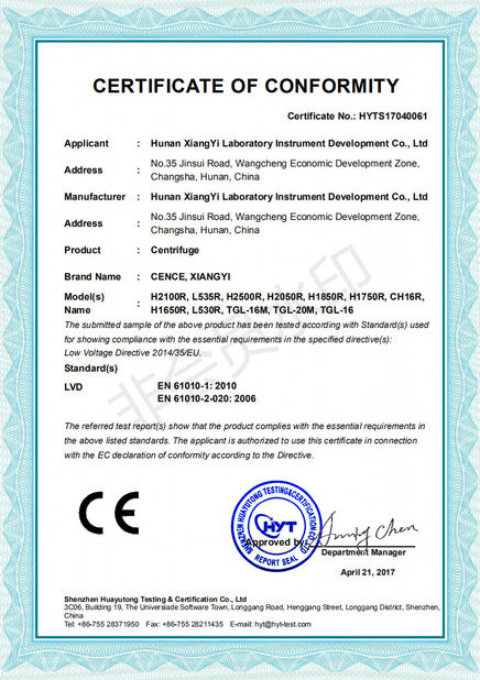 CHINA Hunan Xiangyi Laboratory Instrument Development Co., Ltd. Certificaciones